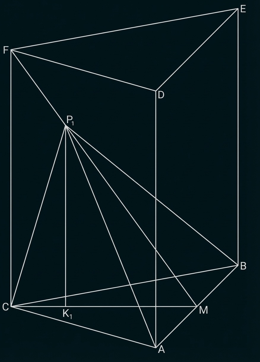 Geometrische Skizze eines Quaders mit markierten Punkten (A,B,C,D,E,F,P1,K1,M) und mehreren Diagonalen/Verbindungsstrecken.
